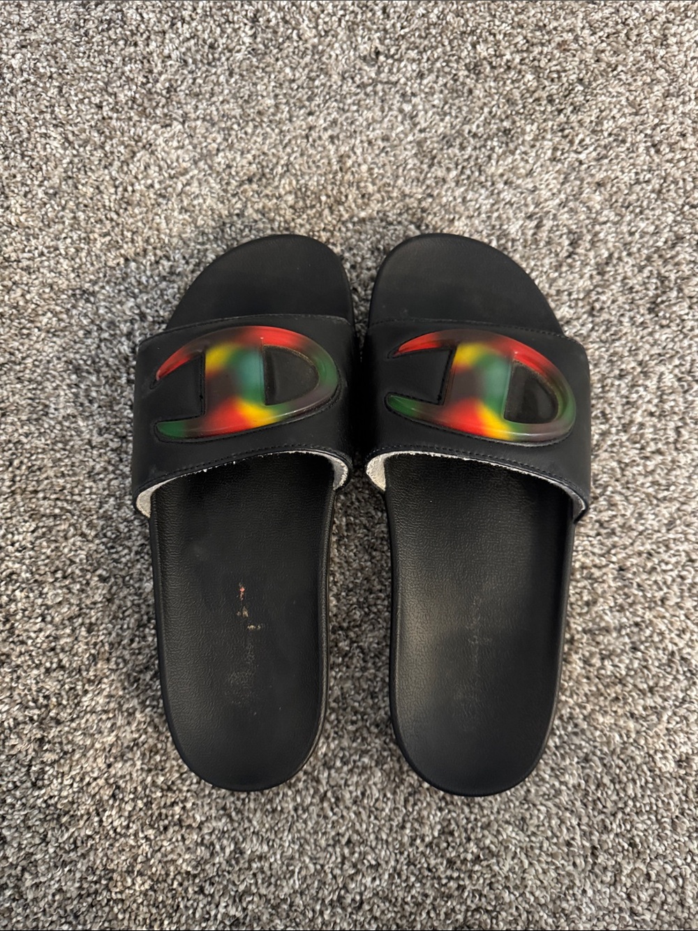 Champion Black Slide Sandals with Red, Yellow, Green Logo